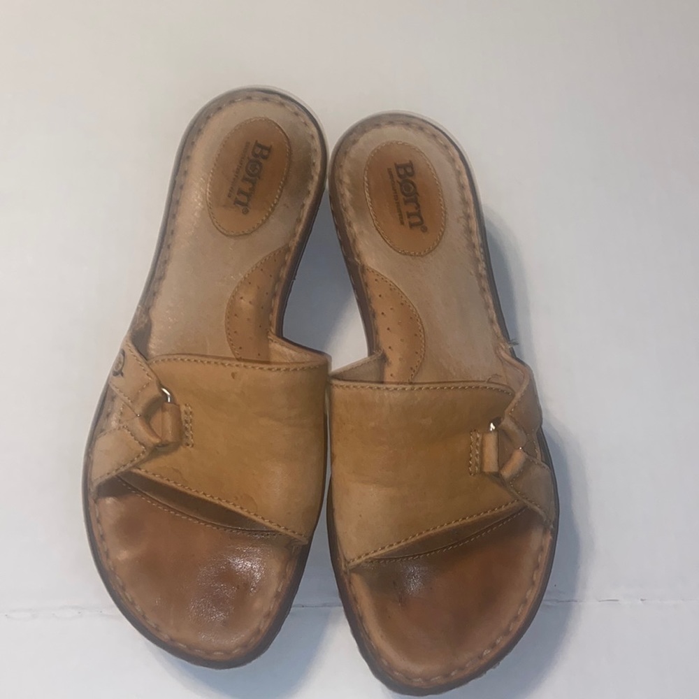 Born heeled slip on tan colored sandals size 8/39